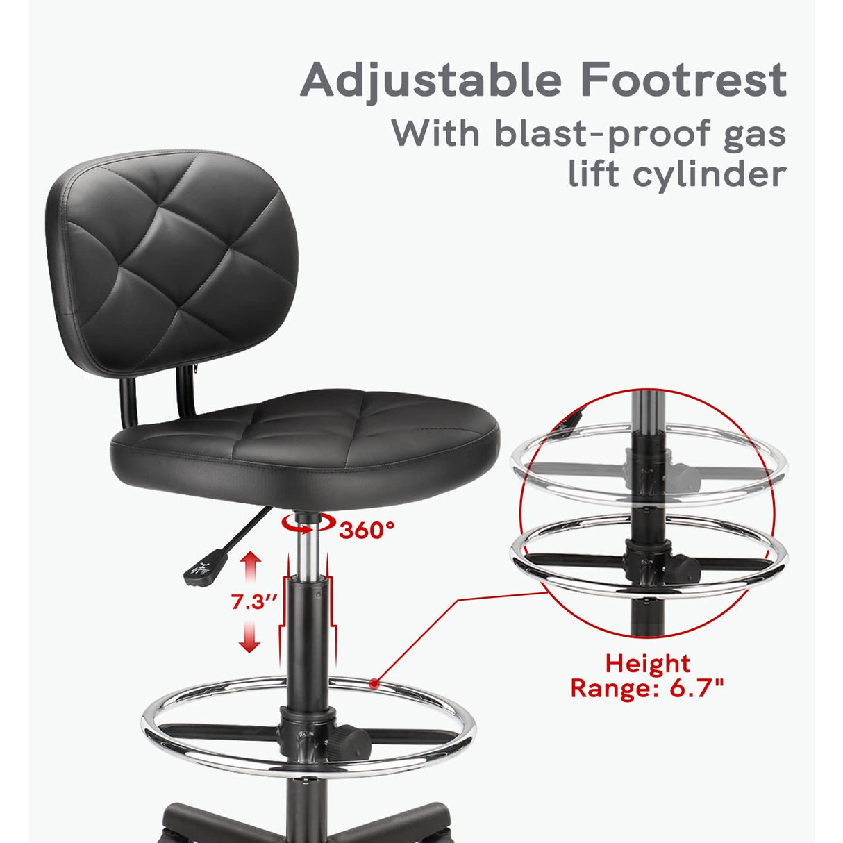 KLASIKA PU Leather Rolling Stool with Foot Rest and Back Support, Adjustable Diamond Upholstered Drafting Chair with Wheels, Multi-Purpose Desk Chair KLASIKA