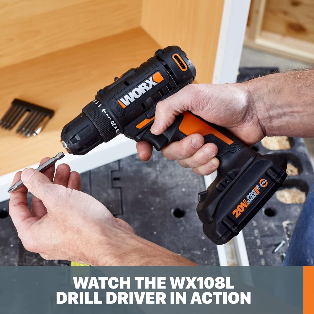 Worx 20V 3/8" Cordless Drill with 84pc Accessory Kit, Variable 2-Speed Drill Set 265 In-Lbs Torque 20+1 Clutch, Lightweight Compact Drill Driver - WoodArtSupply