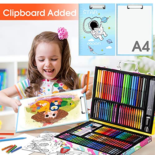 POPYOLA Art Supplies, 180 Piece Drawing Painting Art Kit with Clipboard and Coloring Papers, Gifts Art Set Case with Oil Pastels, Crayons, Colored POPYOLA