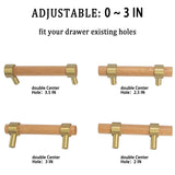 foxwake Wood and Brass Dresser Handles 0~3 Inch Double Hole 4Set Adjustable Center to Center Euro Scandi-Modern Kitchen Cabinet Pull, Unfinished DIY foxwake