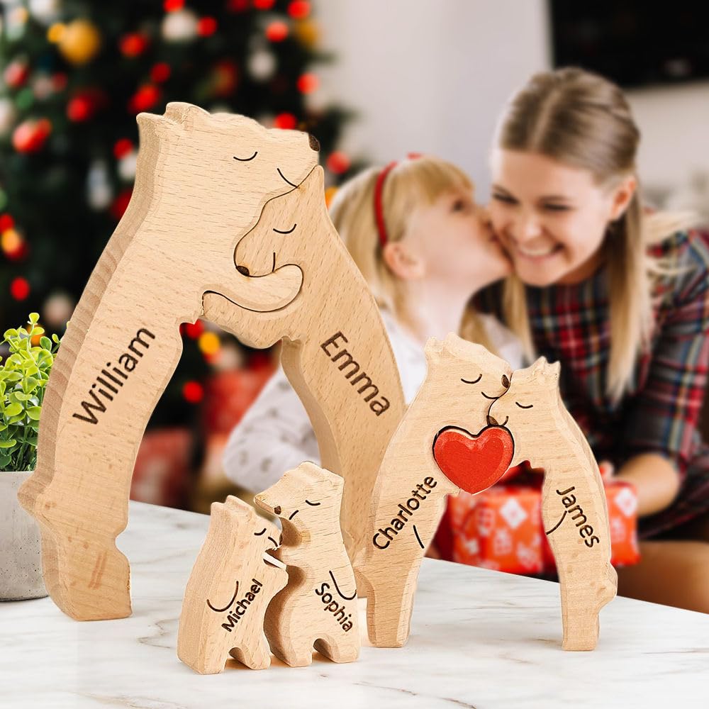 Personalized Wooden Bear Puzzle with 1-8 Family Name, We are One, Custom Family Name Sculpture, Ideal Gift for Christmas, Birthdays, House Warming - WoodArtSupply