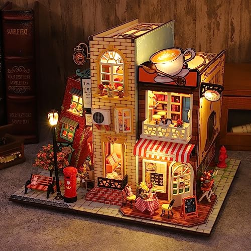 DIY Miniature Dollhouse Kit, Book Nook Kit Tiny House Model with LED Music Box, 3D Wooden Puzzle for Adults, Self-Assembly Bookend Building Set Hallisun
