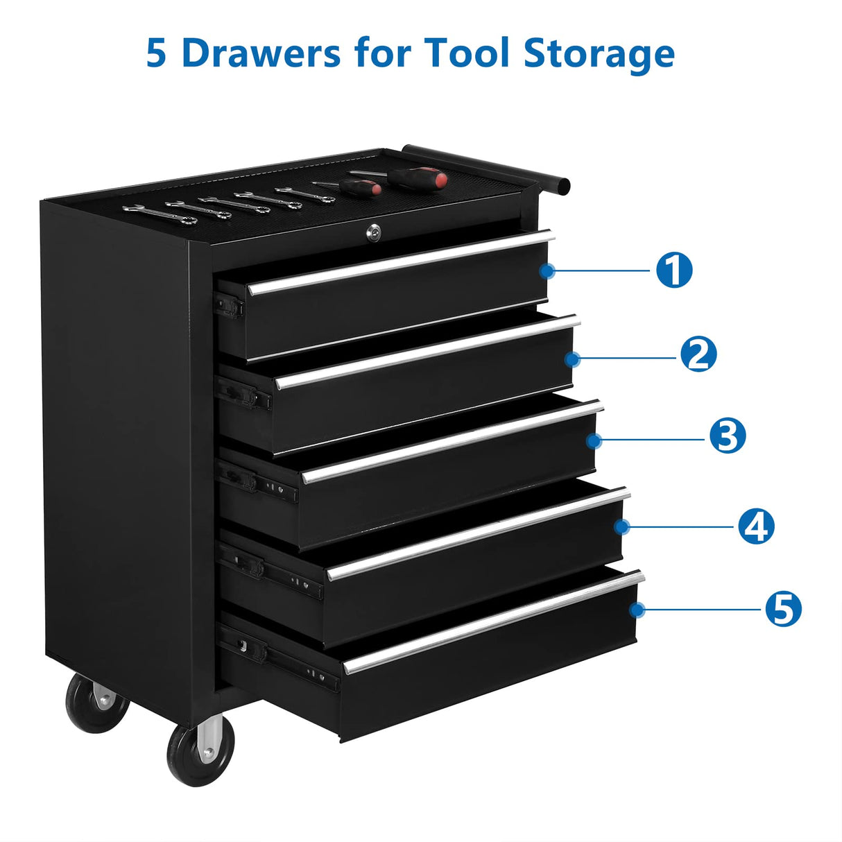 TUFFIOM 5-Drawer Rolling Tool Chest w/Lock & Key, Tool Storage Cabinet with Wheels, Top Cushion & Drawer Liners, Tool Organizer Box for Garage, TUFFIOM