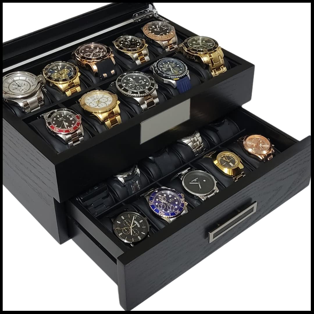 TIMELYBUYS 20 Black Ebony Wood Personalized Watch Extra Height Box Display Case 2 Level Storage Jewelry Organizer with Glass Top, Stainless Steel TIMELYBUYS