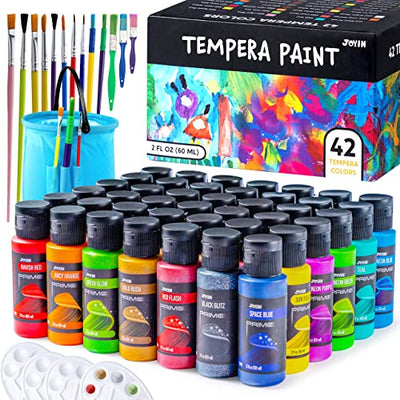 JOYIN Washable Paint for Kids 42PCS - Non-Toxic- Tempera Paint Set (2 oz Each), Liquid Paint with 15 Brushes and 4 Palettes - Paint for Arts and