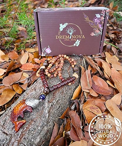DREMINOVA Wood Strand Necklace for Women Japa Mala Red Sandalwood Beads Meditation Prayer Buddhist Energy Trendy Women’s Jewelry (Persistence Fish) DREMINOVA
