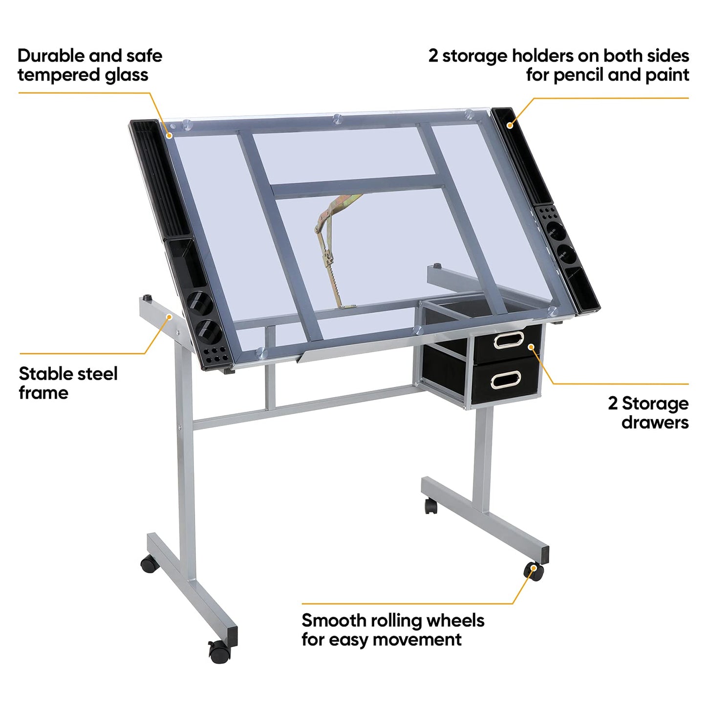 ZENY Drafting Table, 41.2''W x 24''D Glass Top Adjustable Craft Table Drawng Desk Artist Hobby Table Writing Desk with Wheels