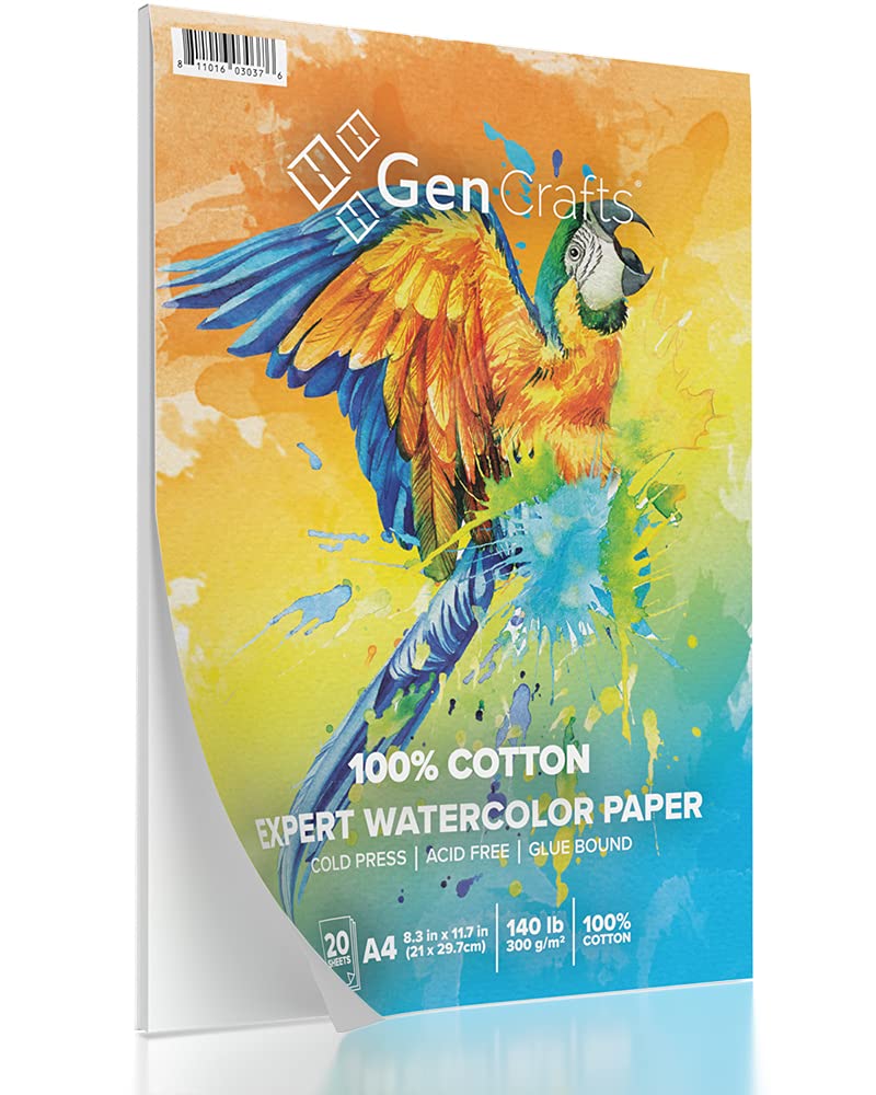 GenCrafts 100% Cotton Watercolor Paper Pad - A4 8.3x11.7" - 20 Sheets (140lb/300gsm) - Cold Press Acid Free Art Sketchbook Pad for Painting & GenCrafts