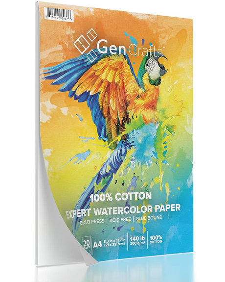 GenCrafts 100% Cotton Watercolor Paper Pad - A4 8.3x11.7" - 20 Sheets (140lb/300gsm) - Cold Press Acid Free Art Sketchbook Pad for Painting & GenCrafts
