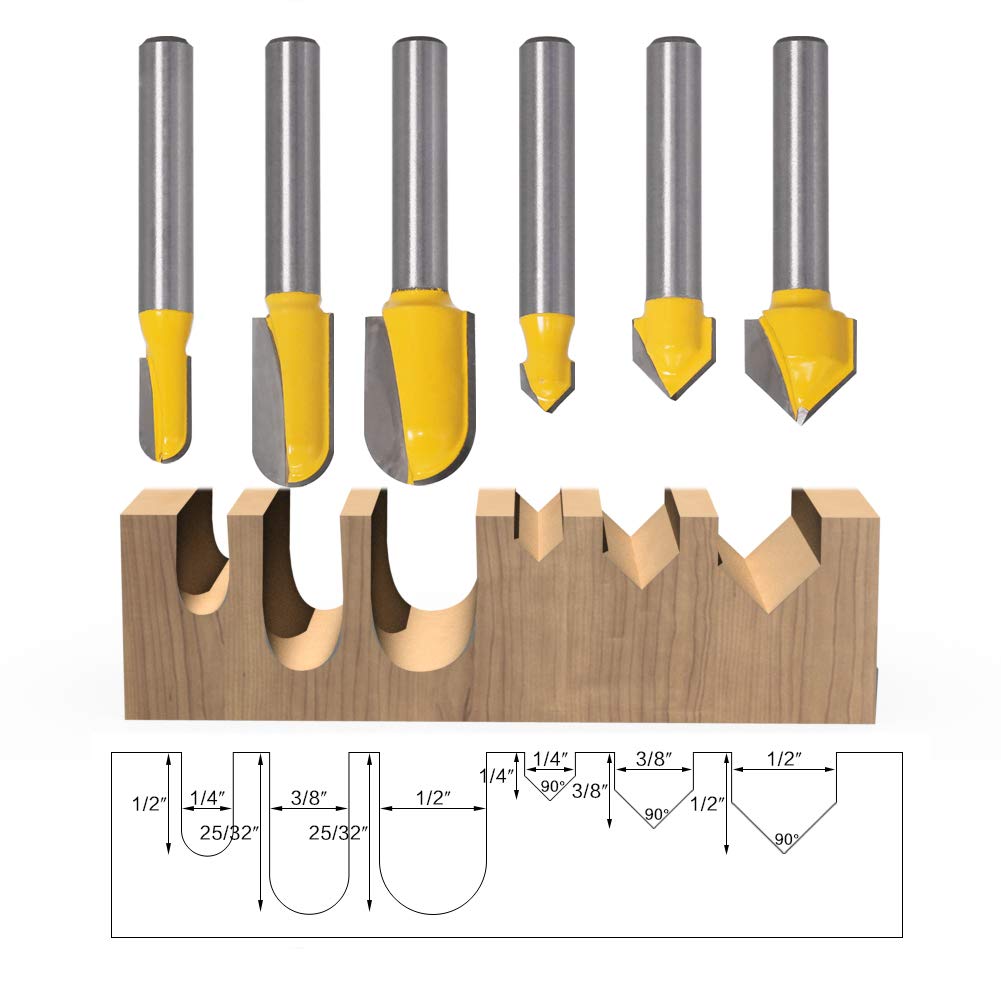Yakamoz 6Pcs 1/4" Shank Carbide 90 Degree V-Groove and Round Nose Groove Router Bit Set 3D CNC Signmaking Lettering Engraving Cutter Woodworking YAKAMOZ