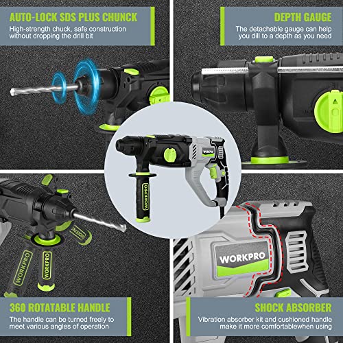 WORKPRO Premium 1-1/4 Inch SDS-Plus Rotary Hammer Drill, 7.5AMP, Lightweight Corded Version for Concrete Demolition Chipping Rotomartillo, 5 SDS-Plus WORKPRO