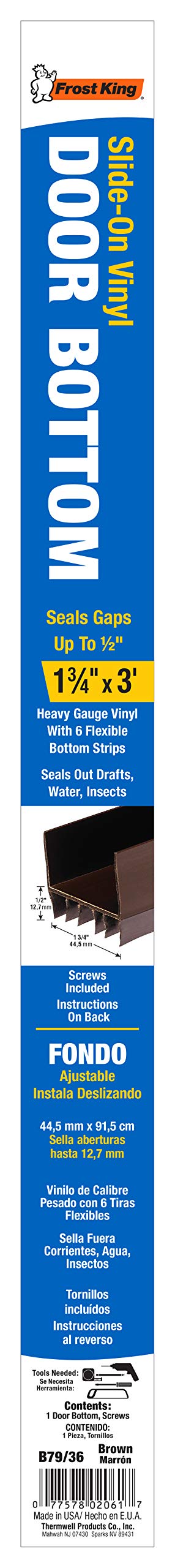 Frost King B79/36H Vinyl Slide-On Door Bottom for Metal and Wood Doors, 1-3/4 x 36", Brown Frost King