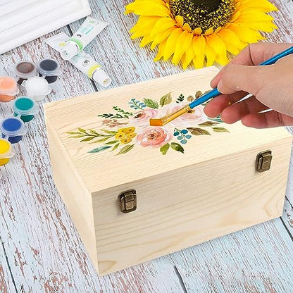 Voittozege Unfinished Wooden Box,12 x 9 x 5 Inch Natural Wood Boxes Large Wooden Box with Hinged Lid and Front Clasp DIY Wood Boxes Craft Stash Boxes