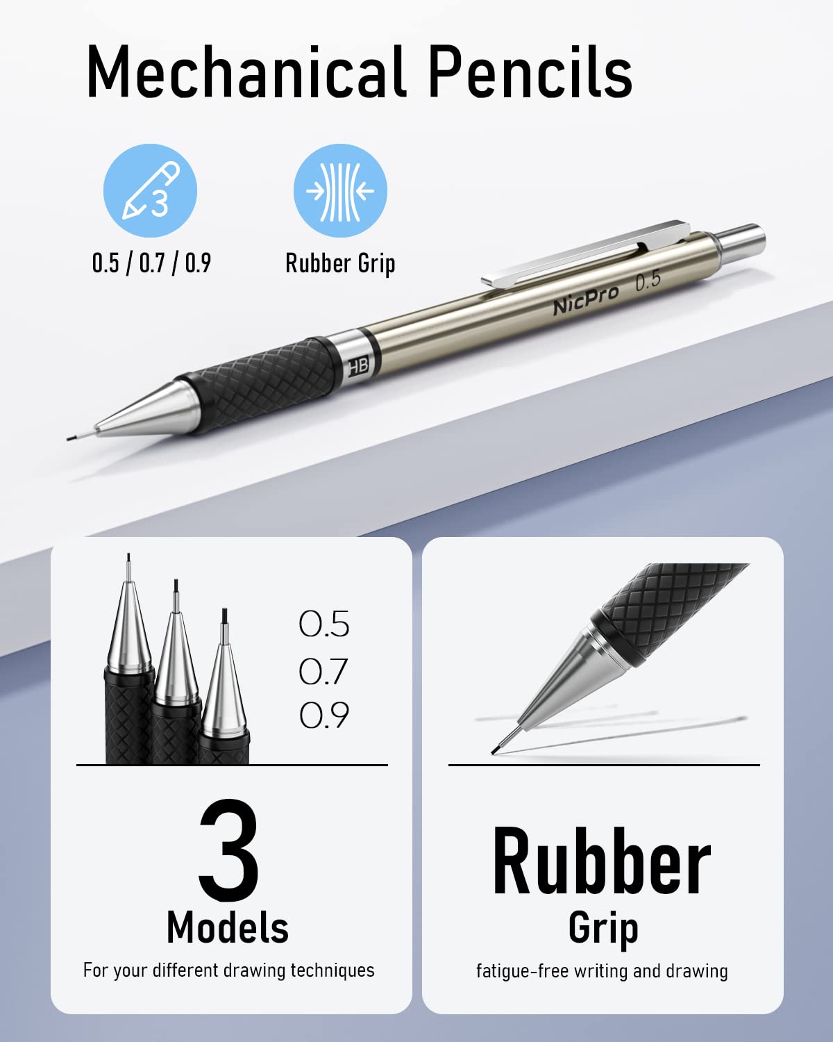 Nicpro 6PCS Art Mechanical Pencils Set, 3 PCS Metal Drafting Pencil 0.5 mm & 0.7 mm & 0.9 mm & 3 PCS 2mm Graphite Lead Holder (2B HB 2H) For Writing, Nicpro