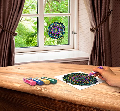 ZORBITZ Joy of Coloring Stained Glass Window Art Clings DIY Kit,8 Clings& 5 Paints,4 Gorgeous,Intricate Mandala Designs,Designed Paint,Removable Joy of Coloring