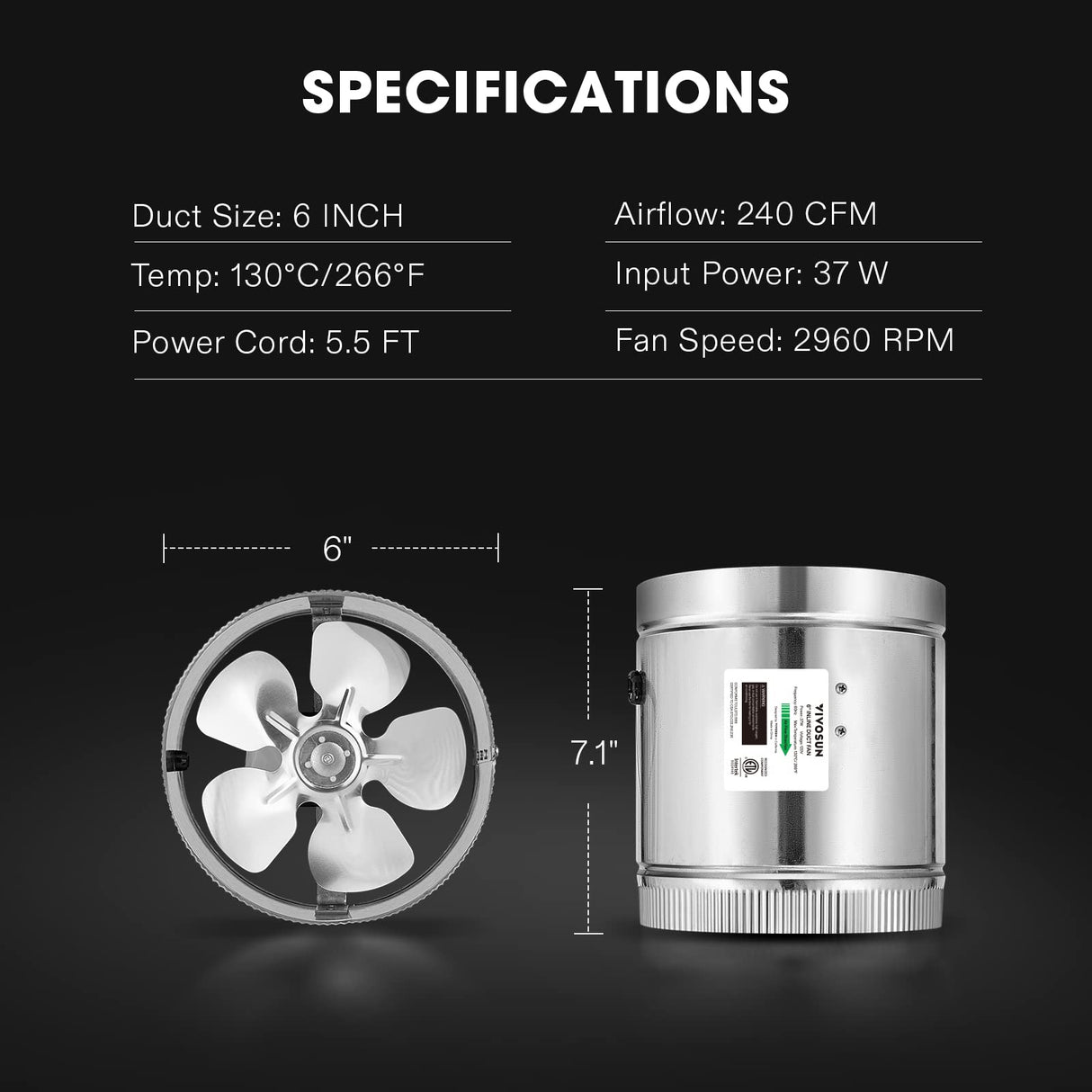 VIVOSUN 6 Inch Inline Duct Fan 240 CFM, HVAC Exhaust Ventilation Fan with Low Noise for Basements, Bathrooms, Kitchens and Attics, Silver VIVOSUN