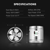 VIVOSUN 6 Inch Inline Duct Fan 240 CFM, HVAC Exhaust Ventilation Fan with Low Noise for Basements, Bathrooms, Kitchens and Attics, Silver VIVOSUN