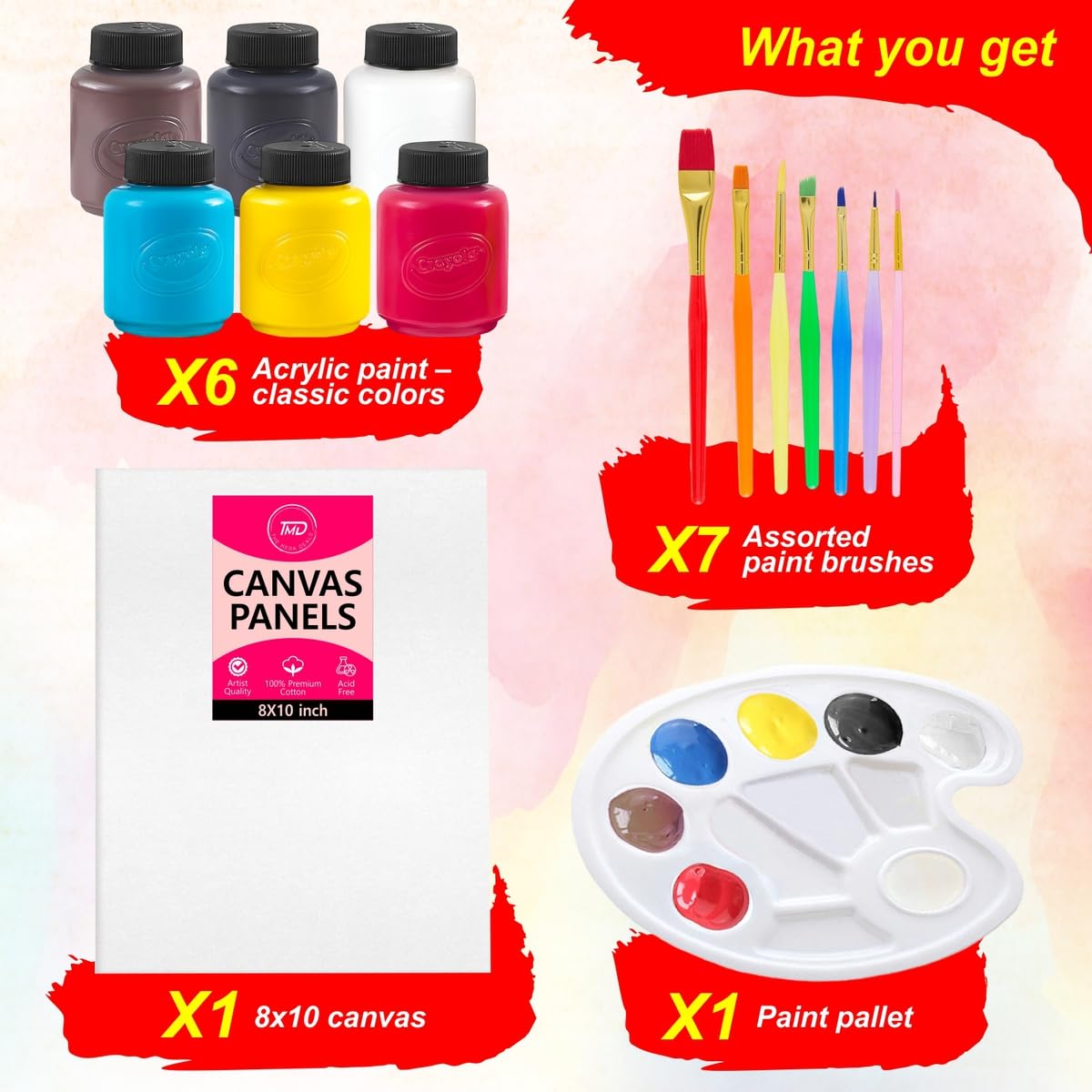 Acrylic Paint Set for Kids - Acrylic Paint Kit Includes 6 Assorted Craft Paint, Painting Canvas, 7 Paintbrushes, Paint Pallet - Arts and Crafts
