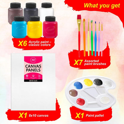 Acrylic Paint Set for Kids - Acrylic Paint Kit Includes 6 Assorted Craft Paint, Painting Canvas, 7 Paintbrushes, Paint Pallet - Arts and Crafts Paint - WoodArtSupply