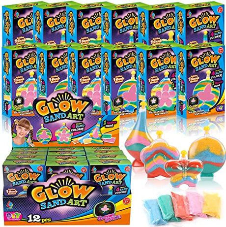 12 Pack Create Your Own Magic Sand Art Glitter Activity | Glow in the Dark Colored Custom Sand Kits for Kids - Includes 12 Bottles, Funnels, Sticks, Liberty Imports