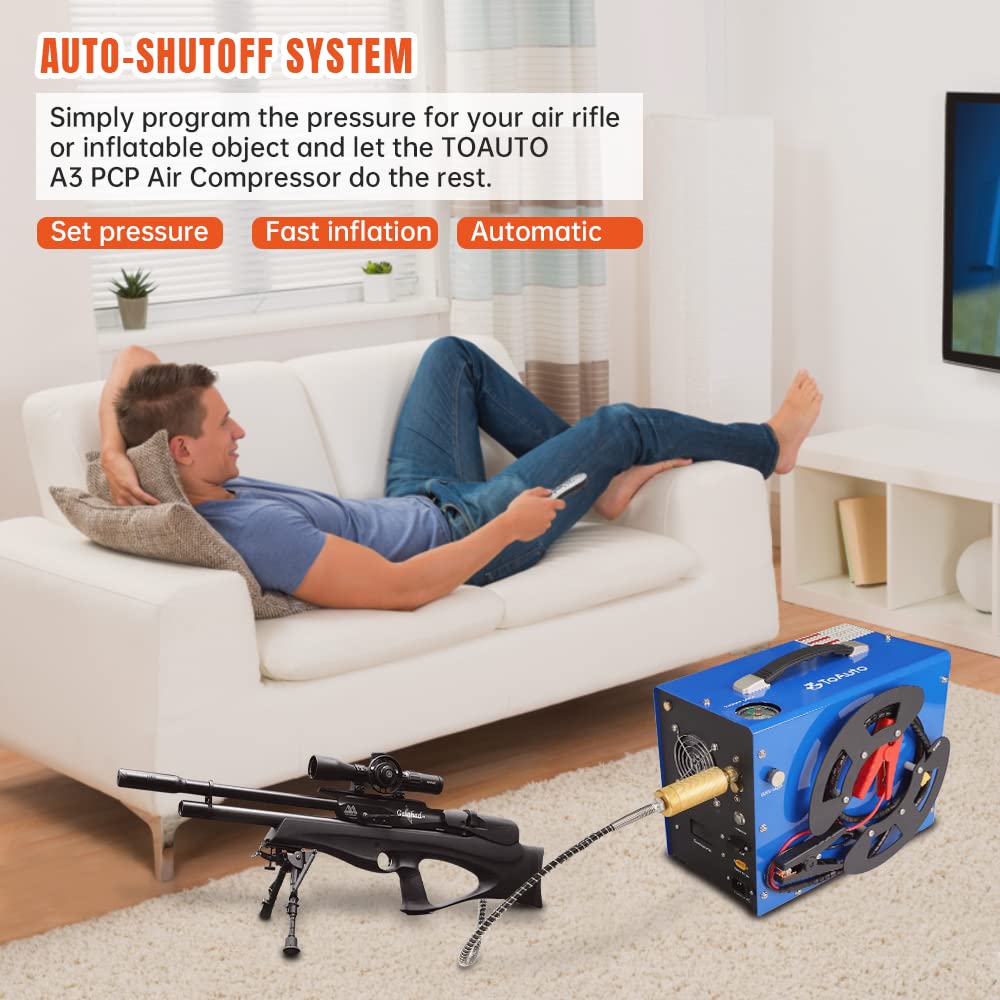 TOAUTO A3 PCP Air Compressor, Unique Vertical+Wire Spool Portable Design, Auto-Stop, Oil/Water-Free, 4500Psi/30Mpa, 8MM Quick-Connector for FASTTOBUY