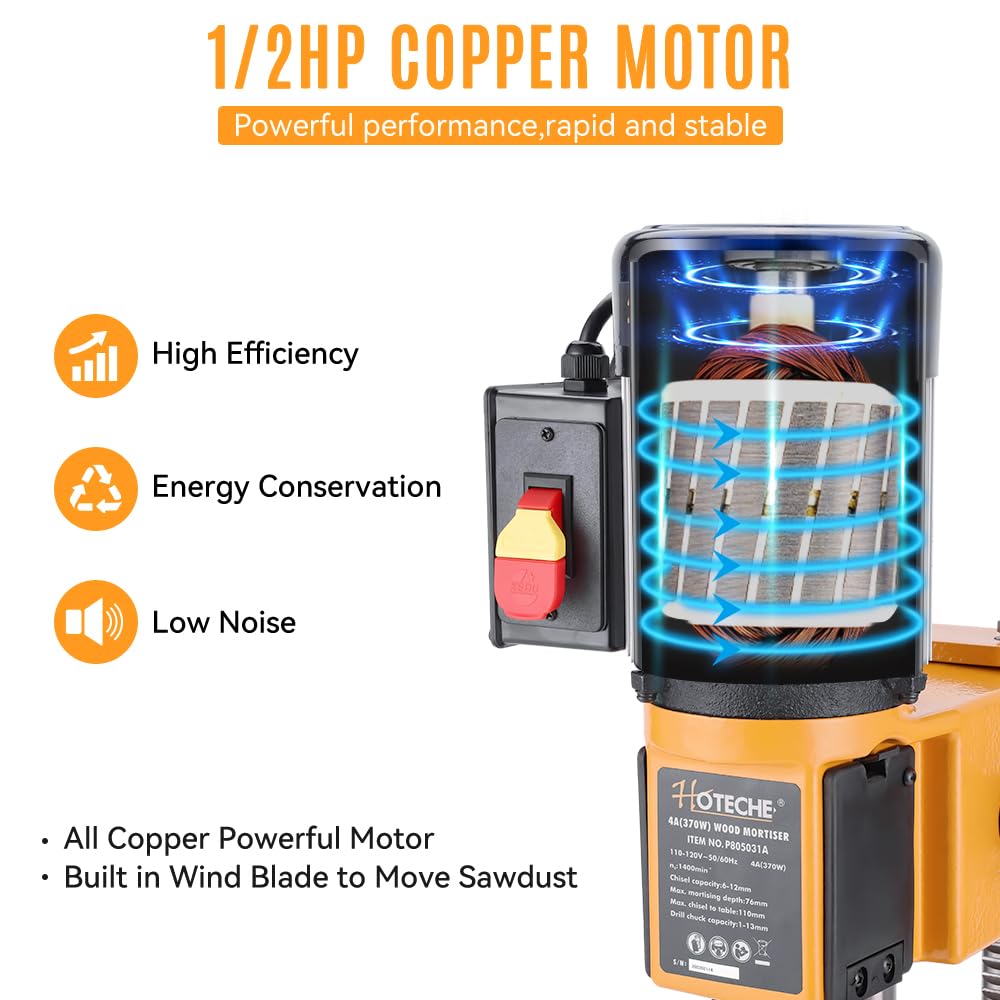 Hoteche Benchtop Wood Mortiser - 1/2HP Woodworking Mortising Machine with 3/8-Inch Chisel Hoteche