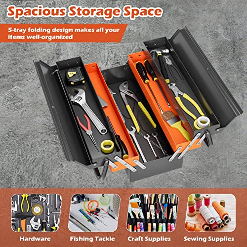 Goplus 22-Inch Metal Tool Box, 3-Layer 5-Tray Portable Folding Tool Chest Organizer with Handle & Lock Hole, Cantilever Toolbox for Garage Trunk Goplus