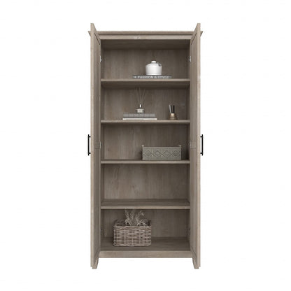 Bush Furniture Key West Tall Storage Cabinet with Doors in Washed Gray | Accent Chest for Home Office, Living Room, Entryway, Kitchen Pantry and More