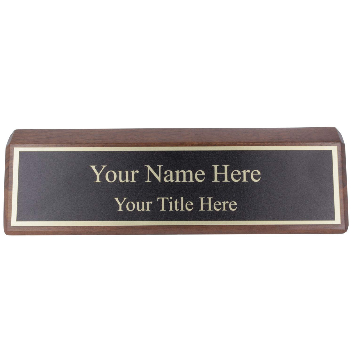 Personalized Walnut Wood Business Desk Black Name Plate with Gold Letters - 2" x 8" ExcelMark