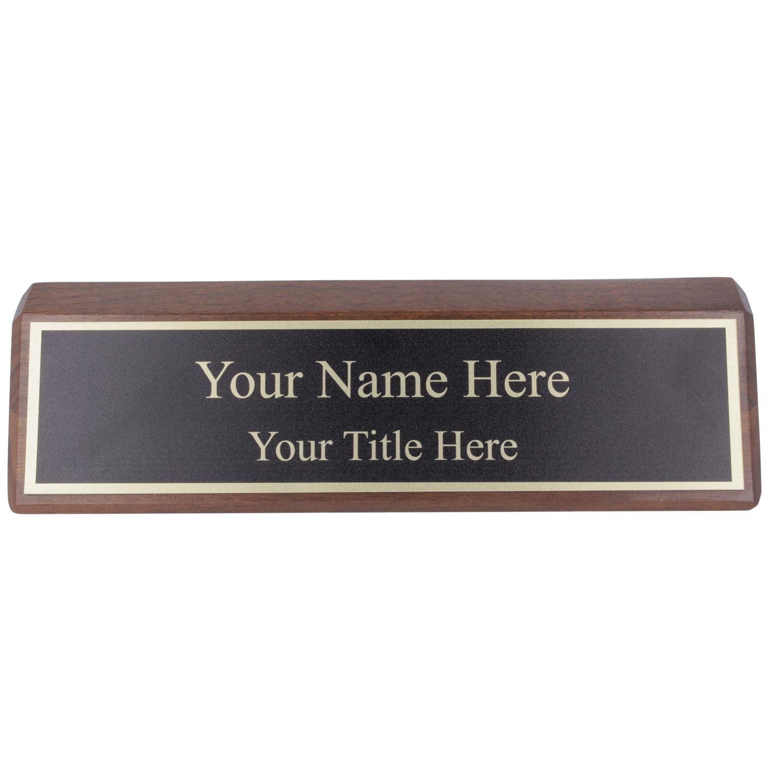 Personalized Walnut Wood Business Desk Black Name Plate with Gold Letters - 2" x 8" - WoodArtSupply