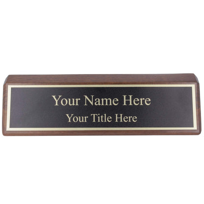 Personalized Walnut Wood Business Desk Black Name Plate with Gold Letters - 2" x 8" - WoodArtSupply