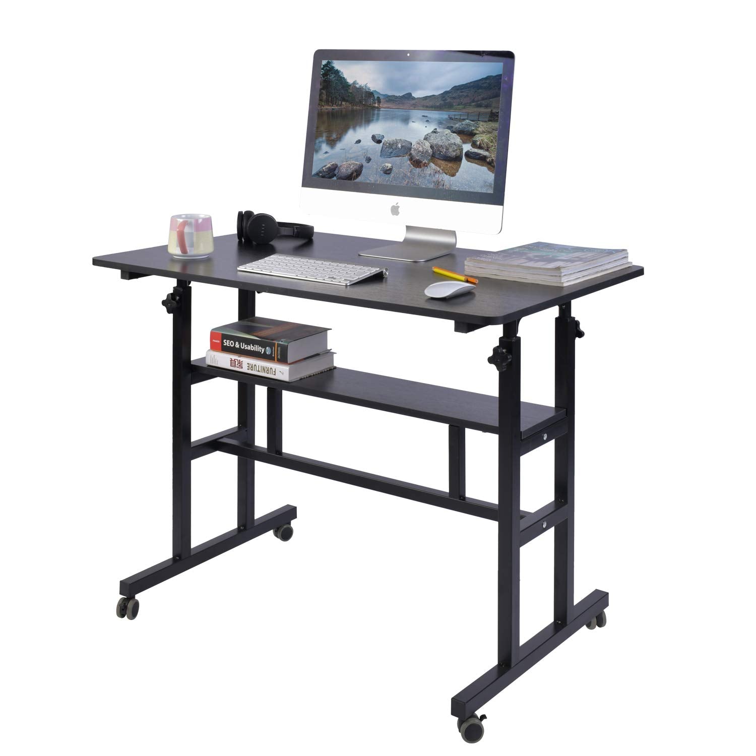 AIZ Mobile Standing Desk, Adjustable Computer Desk Rolling Laptop Cart on Wheels Home Office Computer Workstation, Portable Laptop Stand Tall Table AIZ