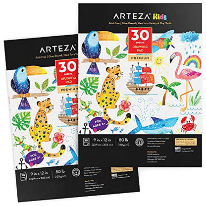 Arteza Drawing Pad for Kids, Pack of 2, 22.9 x 30.5 cm, 30 Large Sheets Each, Sketchbook for Drawing with Crayons, Coloured Pencils, & Markers