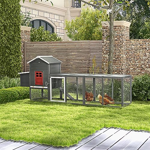 PawHut 118" Extra Large Chicken Coop with Asphalt Roof, Wooden Hen House with Slide-Out Tray, Quail Hutch with Nesting Box, Gray - WoodArtSupply