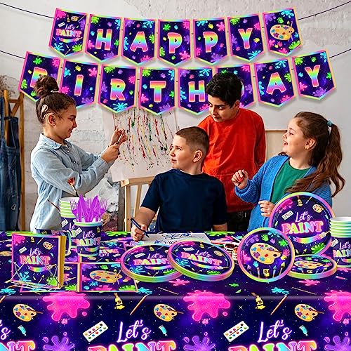 Art Painting Party Supplies,142pcs Paint Splatter Party Tableware Neon Glow Decorations Set Art Party Dessert Plates Paint Splatter Napkins Let’s HAKOTI
