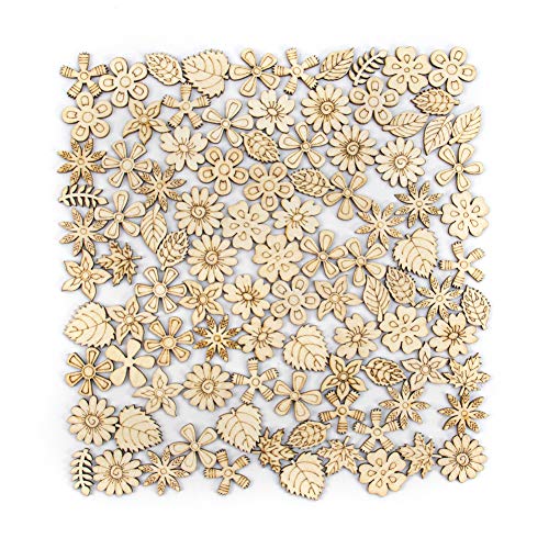 AUEAR, 300 Pack Mixed Wooden Flower Leaf Pattern Handmade Wodden Crafts Home Wedding School DIY Craft Dercoration