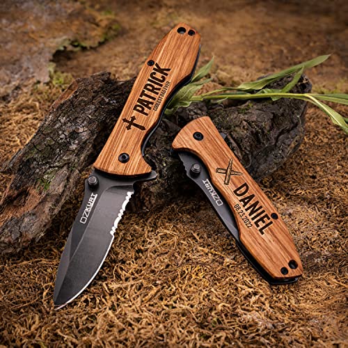 Gifts for Men, Personalized Engraved Oak Wood Pocket Knife - 36 Icons, 20 Stylish Font - Custom Knives Customization Mill