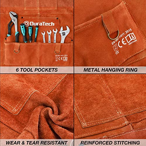 DURATECH Welding Apron, 36" Leather Welding Apron Heat Flame Resistant, Heavy Duty Welding Apron with 6 Tool Pockets, 100% Cowhide Leather Work Apron - WoodArtSupply