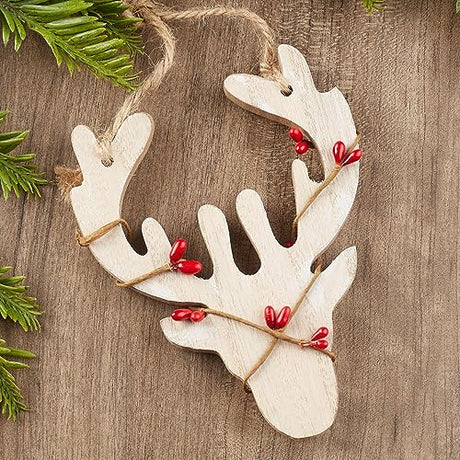 Pack of 6 Rustic Deer Ornaments by Factory Direct Craft - Christmas Wood Reindeer Head Ornaments Wrapped in Red Pip Berries for Christmas Tree Factory Direct Craft