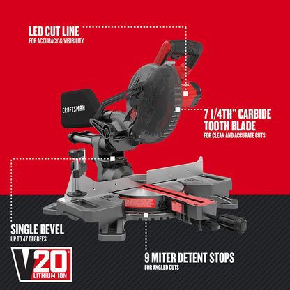 CRAFTSMAN V20 Miter Saw Kit, 7-1/4 inch, Cordless, Battery and Charger Included (CMCS714M1) - WoodArtSupply