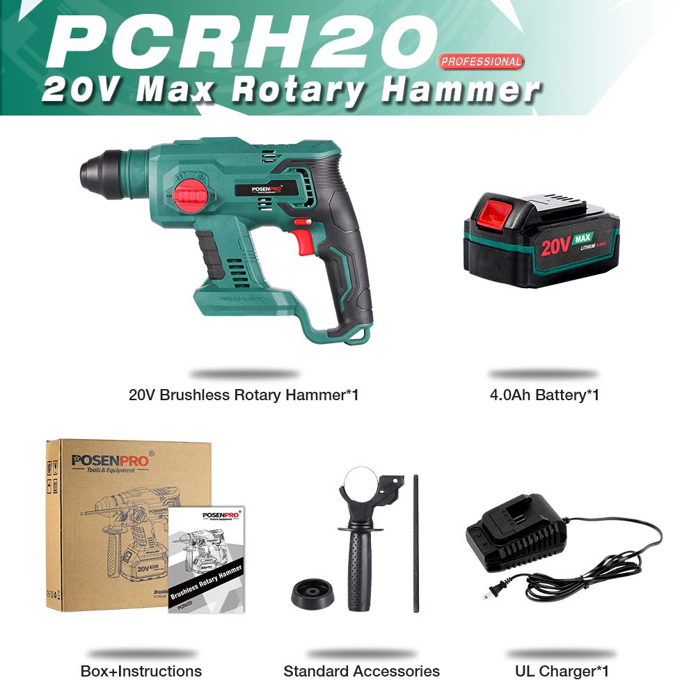 Brushless Cordless Rotary Hammer,POSENPRO 20V SDS Plus Rotary Hammer Drill,4 Modes Selector,Variable Speed,Adjustable Handle,4.0Ah Li-ion Battery and