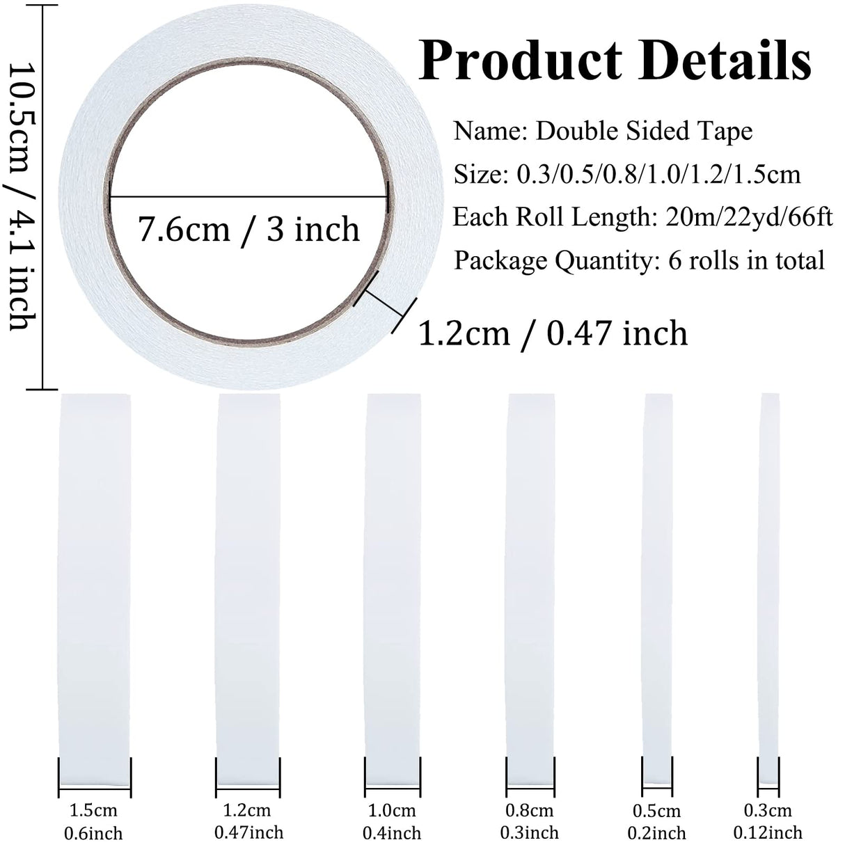 6 Rolls Double Sided Tape for Crafts, Multi-Size Double-Sided Adhesive Tape for Arts, Photography, Gift Box, Scrapbooking, Card Making, Paper Backing SmaringWing