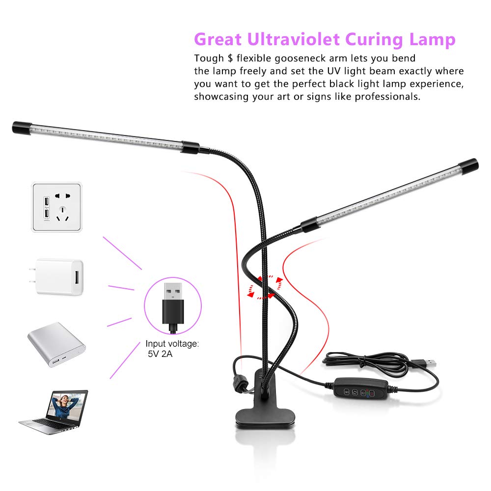 YGS-Tech LED Black Light Dual Head, 20W UV Light Fixture with Clamp, 395-405nm UV Gooseneck Lamp USB Powered for Blacklight Party, Stage Lighting, YGS-Tech
