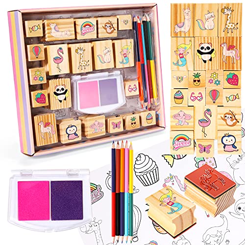 Unicorn Wooden Stamp and Sticker Set for Girls, Unicorn, Mermaid, Panda, Alpaca, Sloth, Cats, Rainbow, Butterfly Stamps, Activity Craft Set for Girls YOYTOO