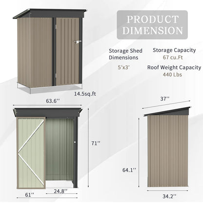 Greesum Metal Outdoor Storage Shed 5FT x 3FT, Steel Utility Tool Shed Storage House with Door & Lock, for Backyard Garden Patio Lawn (5' x 3'), Brown