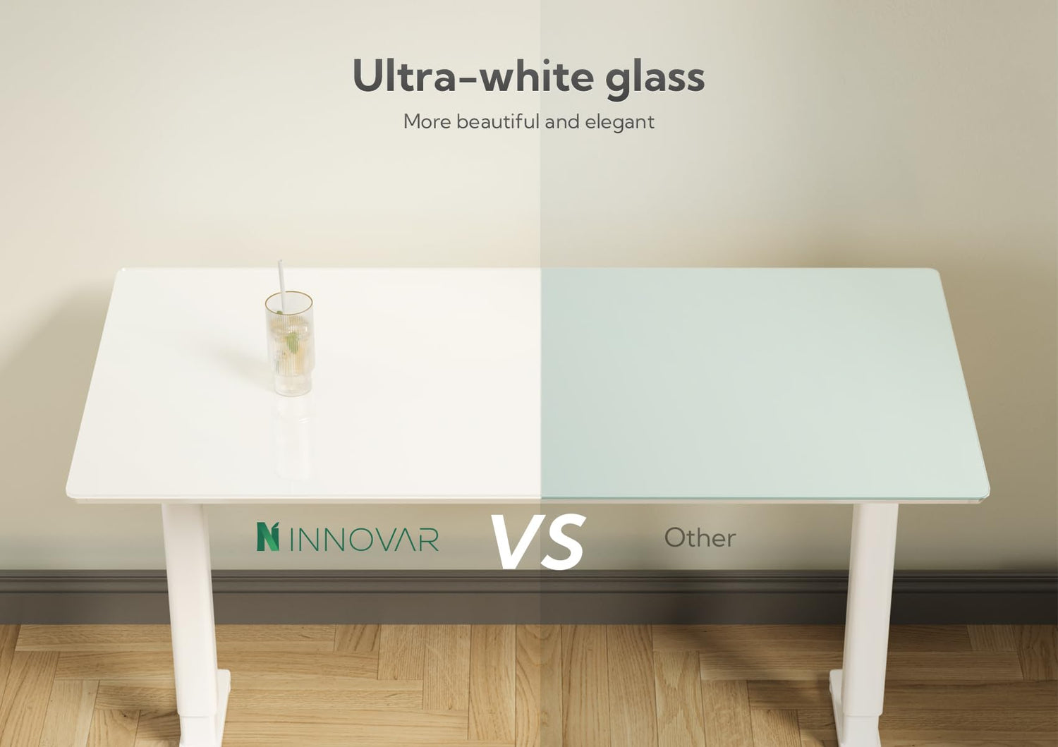 INNOVAR Glass Standing Desk with Drawers, 48×24 Inch Adjustable Stand Up Desk Quick Install Home Office Computer Desk, White INNOVAR