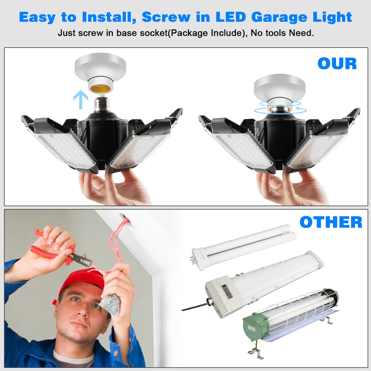 POLARPRA LED Garage Lights - 2 Pack Super Bright 32000LM LED Garage Ceiling Light 6500K LED Shop Light w/ 6 Deformable Panels Screw in E26/E27 Socket POLARPRA