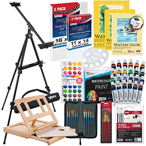 U.S. Art Supply 70-Piece Artist Watercolor Painting Set with Aluminum Field Easel, Wood Table Easel, 60 Watercolor Paint Colors, 34 Brushes, 2 US Art Supply
