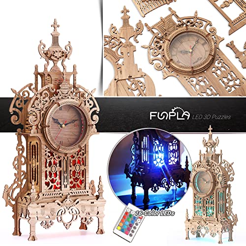 FUNPOLA 3D Wood Puzzle LED Tower Clock Model, 3D Puzzle Building Model Desktop Clock Model DIY Architectural Building Blocks (LED-TC01 Wood) FUNPOLA