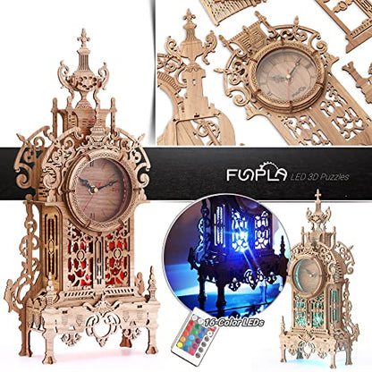 FUNPOLA 3D Wood Puzzle LED Tower Clock Model, 3D Puzzle Building Model Desktop Clock Model DIY Architectural Building Blocks (LED-TC01 Wood) - WoodArtSupply